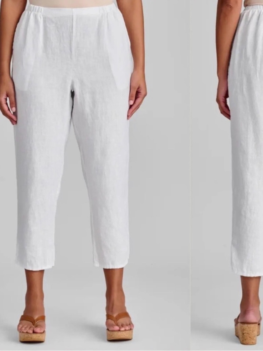 FLAX Linen Pants White Tapered Crop‎ Ankle Lagenlook Pull On Oversized Large L